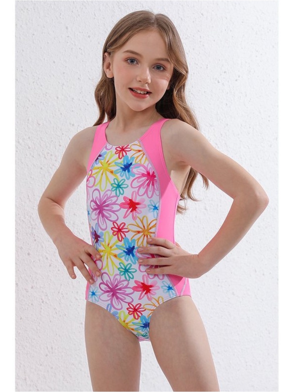 UPF 50+ Girls Print One Piece Swimsuits Athletic Racerback Bathing Suit Pink